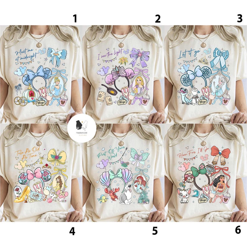 May include: Six cream-colored t-shirts with different Disney-themed designs. Each shirt features a character portrait, a bow, and text like "Meet me at midnight" or "Let it go." The designs include Cinderella, Rapunzel, Elsa, Belle, Ariel, and Moana.