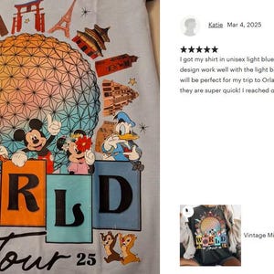 May include: Light blue t-shirt with a colorful graphic of Mickey Mouse and friends at Epcot's World Showcase. The graphic includes the Epcot ball, the World Showcase Lagoon, and the text "WORLD 20 Tour 25".