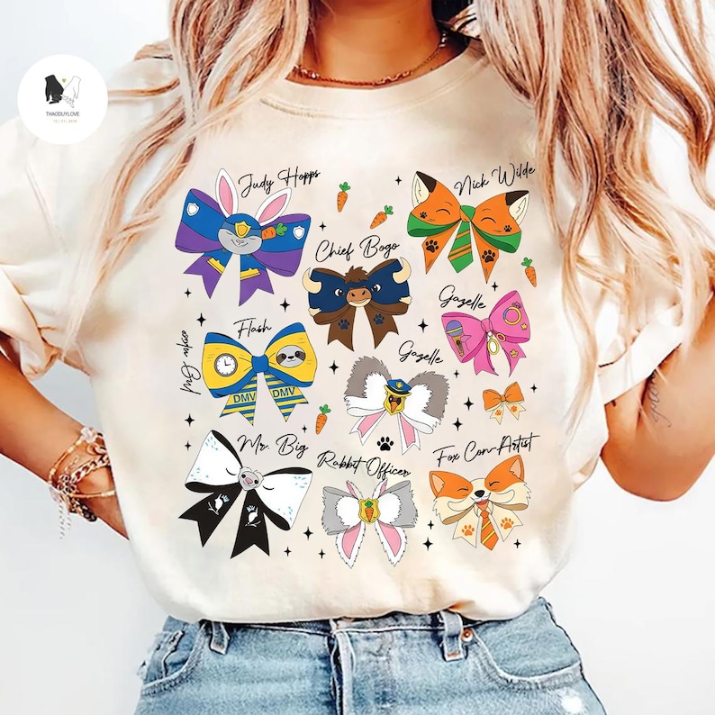 Camiseta Coquette Bows Disney Zootopia Characters Signatures, Camiseta a juego para la familia Disneyland, Zootropolis Judy Hopps Nick Gary Nibbles Bogo imagen 1