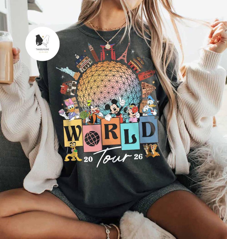 Vintage Mickey and Friends Disney Epcot Shirt, Disney Epcot World Tour 1982, WDW Disneyland Family Vacation 2026, Drinking around the World image 1