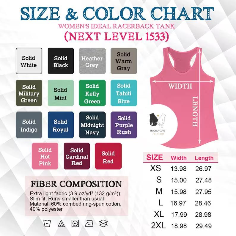 May include: Size and color chart for a women's racerback tank top. The chart displays color swatches in various shades, including white, black, and pink. The fiber composition is listed as extra light fabric, 60% cotton, and 40% polyester. Measurements are provided in inches.