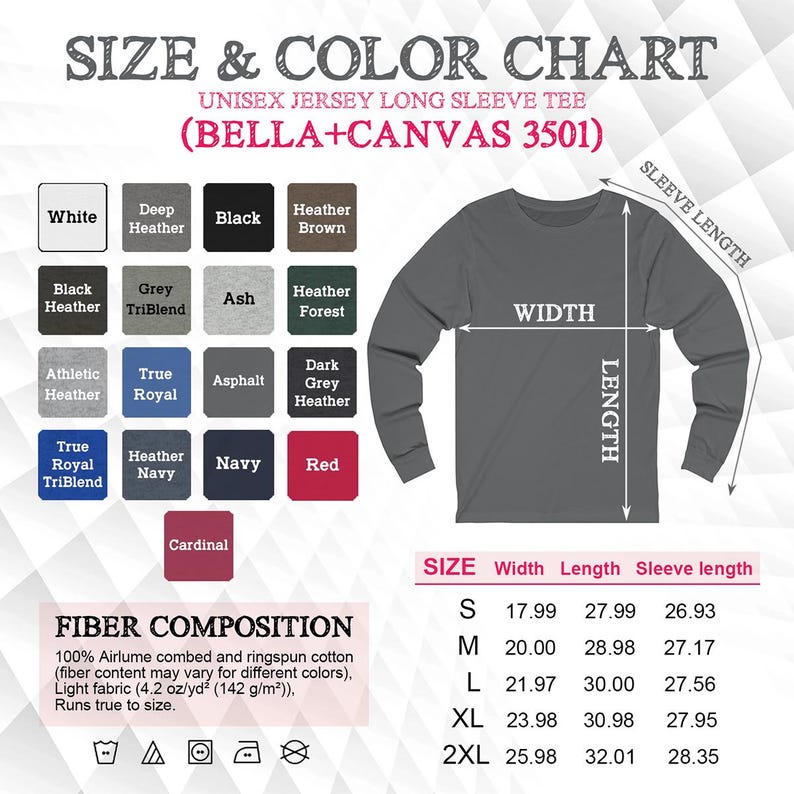 以下が含まれることがあります： ユニセックスジャージー長袖Tシャツのサイズとカラーチャート。白、黒、ネイビーなどのオプションを含むカラーパレットがあります。幅、長さ、袖丈の測定値をセンチメートルで表示します。