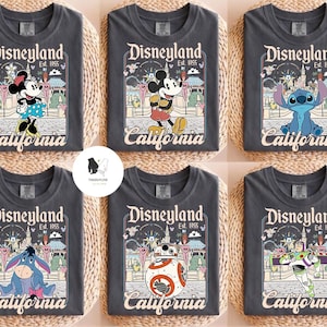Peut inclure: Six t-shirts gris avec des motifs Disneyland. Chaque t-shirt affiche "Disneyland Est. 1955 California" et pr&eacute;sente des personnages tels que Minnie, Mickey, Stitch, Eeyore, BB-8 et Buzz Lightyear.