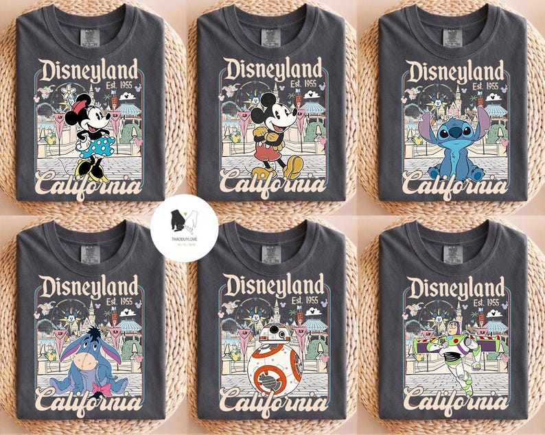 Peut inclure: Six t-shirts gris avec des motifs Disneyland. Chaque t-shirt affiche "Disneyland Est. 1955 California" et pr&eacute;sente des personnages tels que Minnie, Mickey, Stitch, Eeyore, BB-8 et Buzz Lightyear.