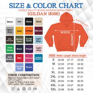 以下が含まれることがあります： ユニセックスのヘビーブレンドフード付きスウェットシャツのサイズとカラーチャート。白、黒、赤などのオプションを含むカラーパレットが含まれています。オレンジ色のスウェットシャツのグラフィックは、幅、長さ、袖丈の測定値を示しています。繊維組成も記載されています。
