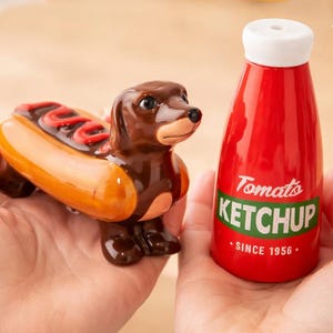 Set di saliera e pepiera a forma di bassotto, decorazione da cucina in ceramica a forma di bassotto per ketchup.
