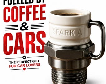 Op de afbeelding: Een keramische mok met een wit bovengedeelte met de in reliëf aangebrachte tekst SPARK A en een metalen ondergedeelte dat lijkt op een bougie. De tekst FUELLED BY COFFEE & CARS staat links van de mok afgedrukt.