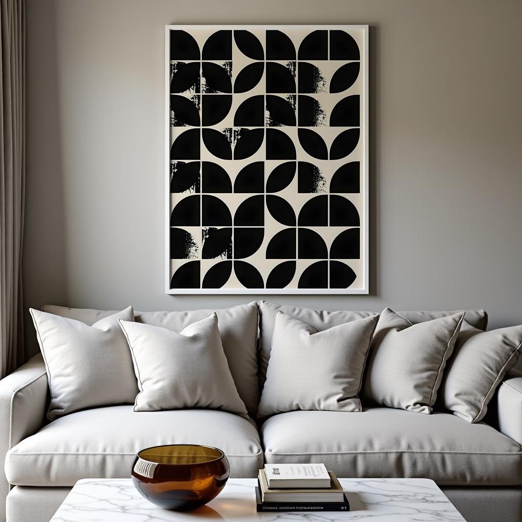 Mid Century Modern Geometric Poster Black Beige Abstract Wall Art Print ...