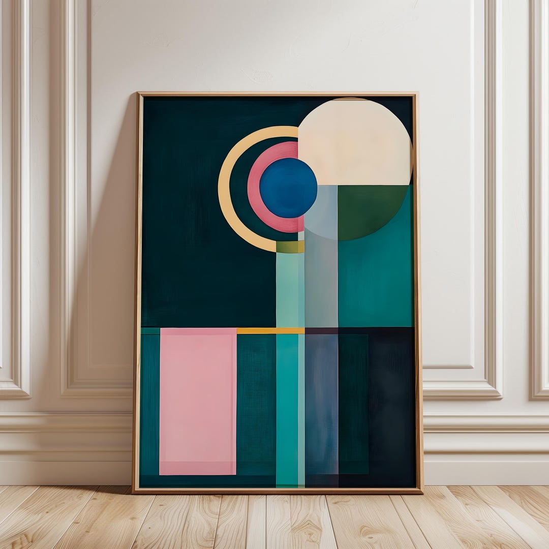 Mid Century Geometric Wall Art Print, Abstract Teal Pink Modern Poster ...