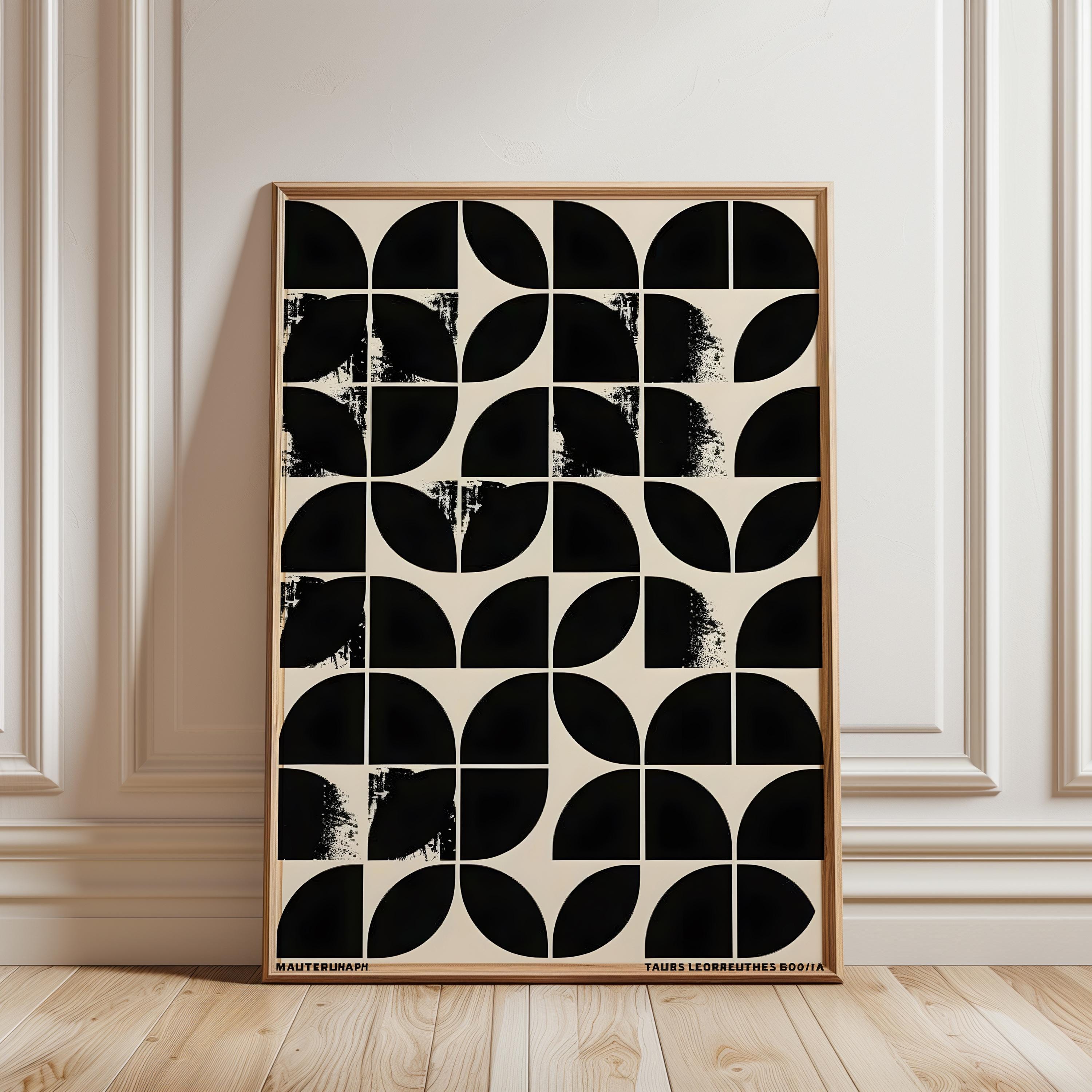 Mid Century Modern Geometric Poster Black Beige Abstract Wall Art Print ...