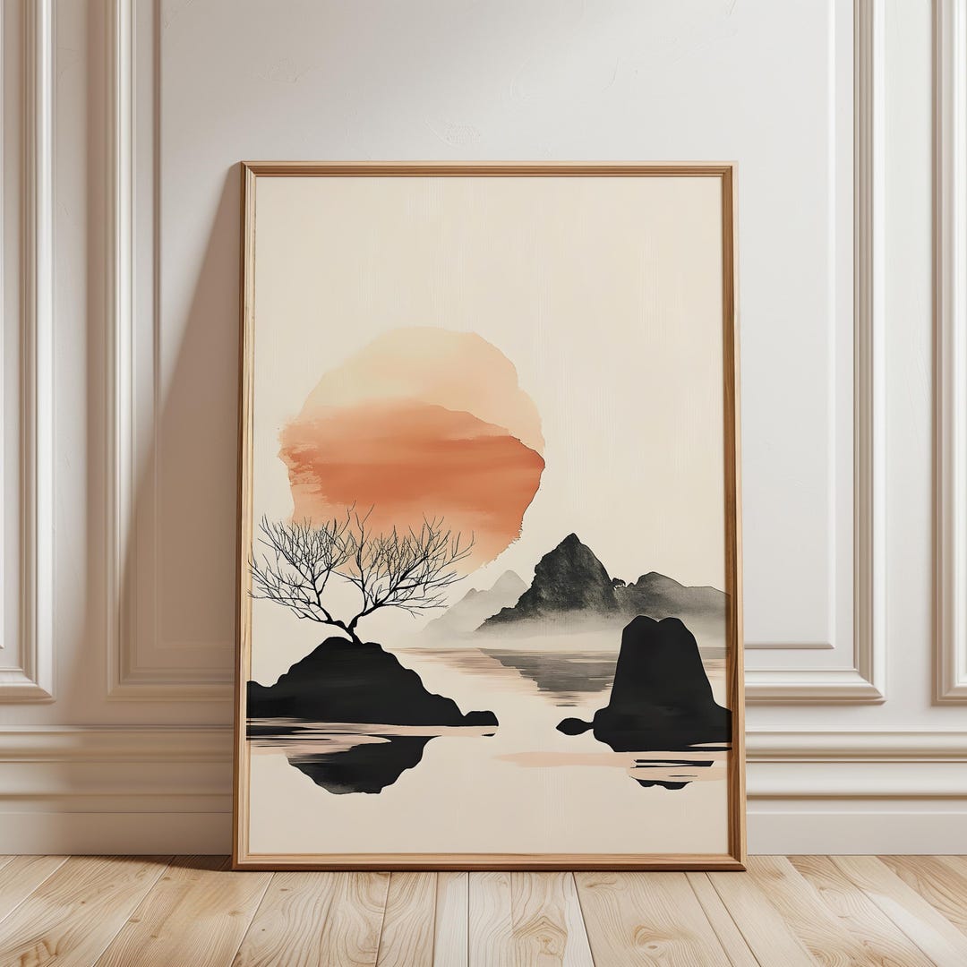 Minimalist Zen Landscape Poster, Japanese Ink Art Sunset Wall Decor 679 ...