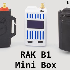 Puede incluir: Tres accesorios RAK B1 Mini Box: un clip Molle negro con una cara de gato, una caja blanca y azul y un clip Baofeng negro. El texto "RAK B1 Mini Box" se muestra debajo.