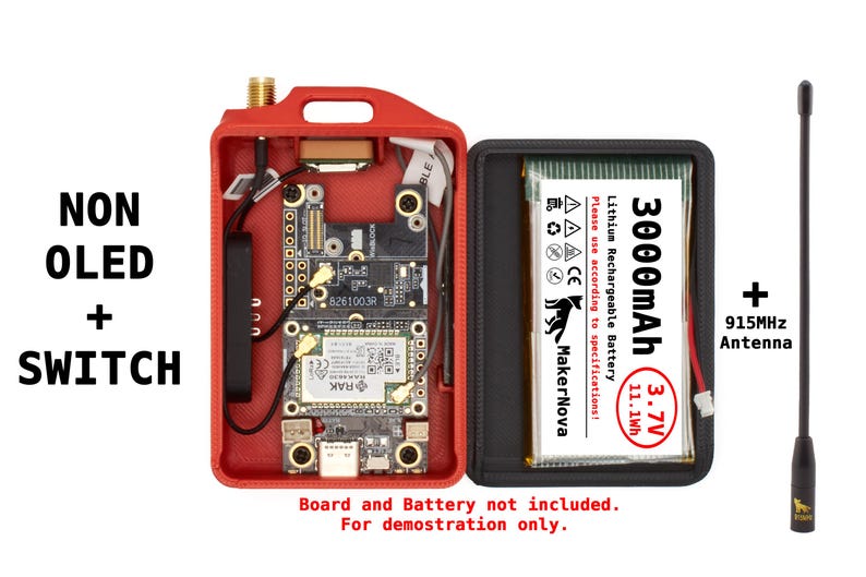 May include: A red plastic case with a circuit board inside. The case has a switch and a 915MHz antenna. The text on the battery reads "3000mAh 11.1Wh 3.7V Lithium Rechargeable Battery Please use according to specifications! MakerNova".