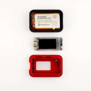 May include: A disassembled red and black electronic device with a 2000mAh battery, a clear screen, and a black case. The battery label reads "2000mAh 3.7V 7.4Wh Lithium Rechargeable Battery Please use according to specification! MakerFocus"