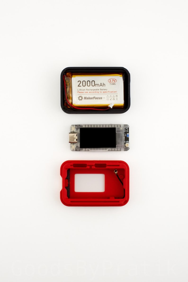 May include: A disassembled red and black electronic device with a 2000mAh battery, a clear screen, and a black case. The battery label reads "2000mAh 3.7V 7.4Wh Lithium Rechargeable Battery Please use according to specification! MakerFocus"