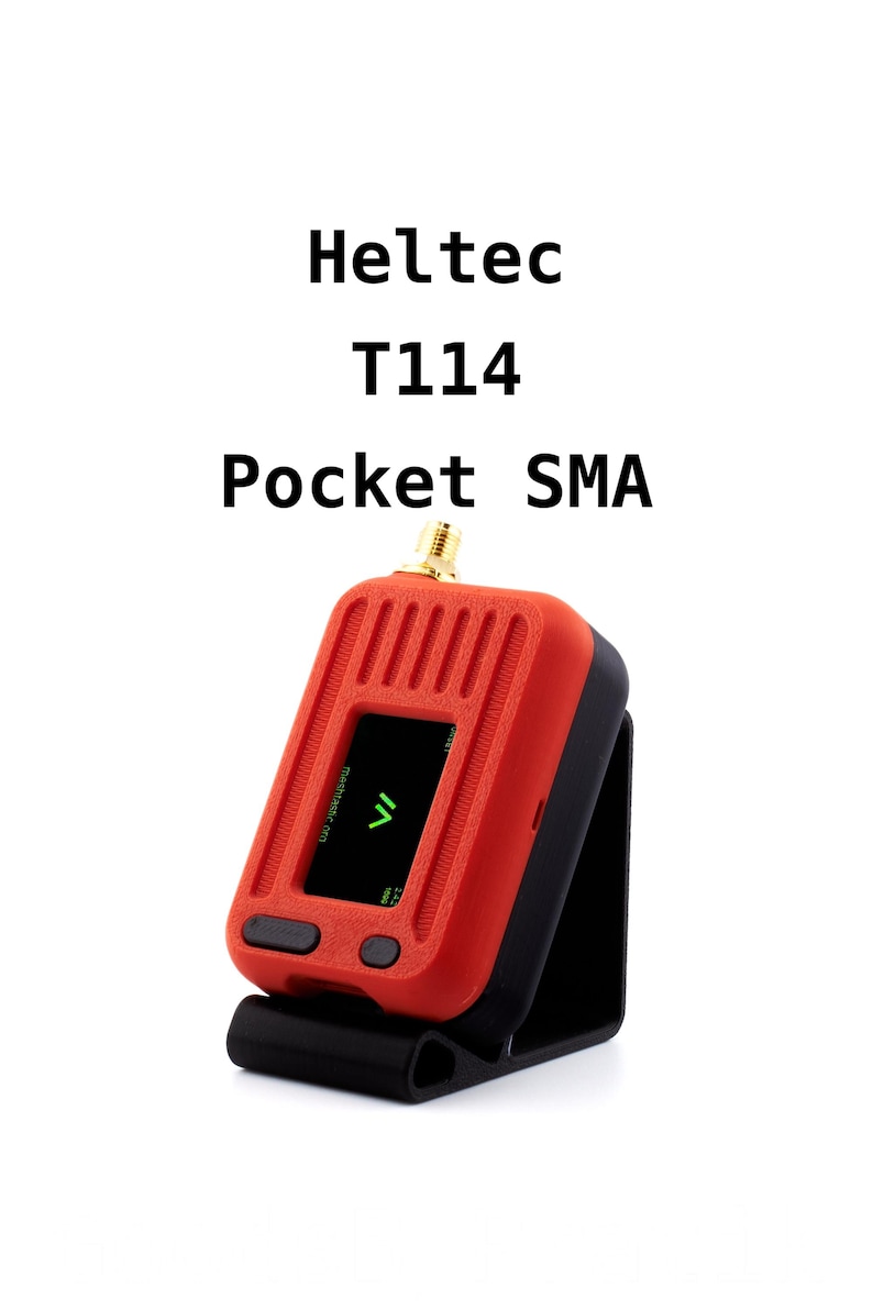 May include: A red Heltec T114 Pocket SMA antenna analyser with a green display and a black stand.
