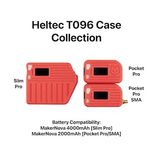 Può includere: Una collezione di custodie protettive rosse per dispositivi Heltec T096, inclusi i modelli Slim Pro, Pocket Pro e Pocket Pro SMA. Le custodie presentano superfici testurizzate, ritagli per schermi e testo sulla compatibilità batteria.