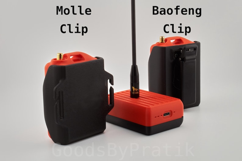 May include: Two black radio clips, one labeled "Molle Clip" and the other "Baofeng Clip". The Baofeng clip is attached to a red radio with a black antenna.
