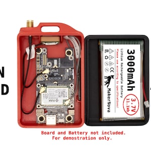 May include: A red and black 3D printed case for a small circuit board with a 3000mAh lithium rechargeable battery and a 915MHz antenna. The text "Please use according to specifications!" and "MakerNova" are printed on the battery. The text "NON OLED" is printed on the left side of the image. The text "Board and Battery not included. For demonstration only." is printed below the image.