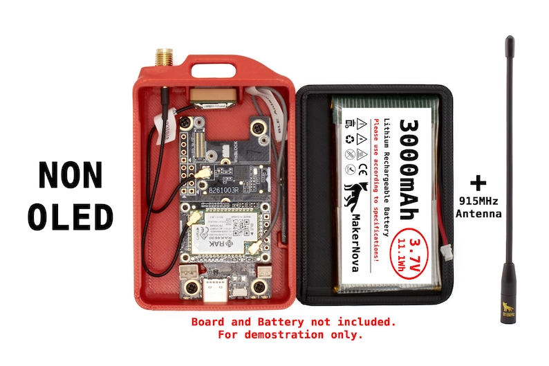 May include: A red and black 3D printed case for a small circuit board with a 3000mAh lithium rechargeable battery and a 915MHz antenna. The text "Please use according to specifications!" and "MakerNova" are printed on the battery. The text "NON OLED" is printed on the left side of the image. The text "Board and Battery not included. For demonstration only." is printed below the image.