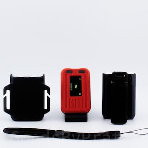 May include: A red and black personal safety device with a small screen displaying a symbol. The device comes with a black carrying case and a black lanyard.