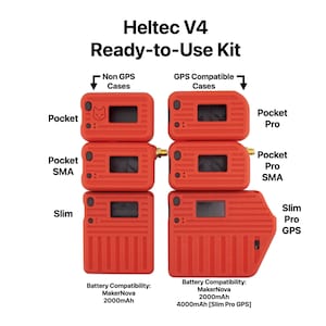 Puede incluir: Imagen de un kit Heltec V4 Ready-to-Use. La imagen muestra varias carcasas rojas, incluyendo Pocket, Pocket SMA y Slim, con y sin GPS. El texto indica la compatibilidad de la batería y los tipos de carcasas.