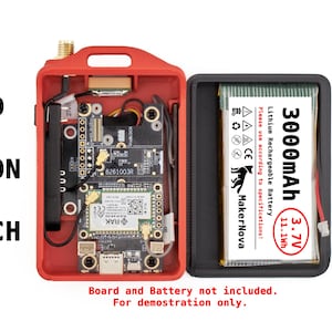 May include: A red case with a circuit board, a 3000mAh battery, and a 915MHz antenna. The case also includes an OLED display, a button, and a switch. The text on the battery reads "3000mAh 3.7V 11.1Wh Lithium Rechargeable Battery Please use according to specifications! MakerNova".