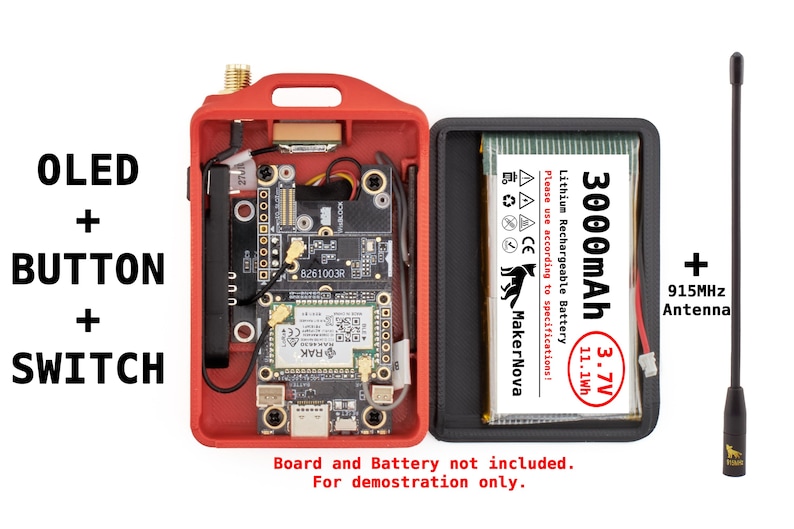 May include: A red case with a circuit board, a 3000mAh battery, and a 915MHz antenna. The case also includes an OLED display, a button, and a switch. The text on the battery reads "3000mAh 3.7V 11.1Wh Lithium Rechargeable Battery Please use according to specifications! MakerNova".
