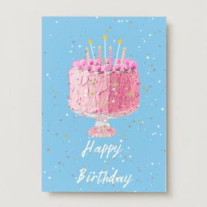 Carte d'anniversaire imprimable avec gâteau rose – Téléchargement numérique | Carte de joyeux anniversaire mignonne et amusante | Carte de voeux DIY à imprimer à la maison