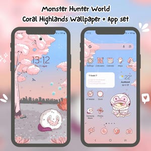 Op de afbeelding: Een roze en blauwe telefoonachtergrond en een app-pictogramset met een cartoon-monsterjagerpersonage. De achtergrond toont een roze en witte kersenboom, een slapend monsterjagerpersonage en een blauwe lucht met witte wolken. De app-pictogrammen zijn in een rasterindeling gerangschikt en tonen verschillende pictogrammen zoals een klok, een kalender en een kaart.