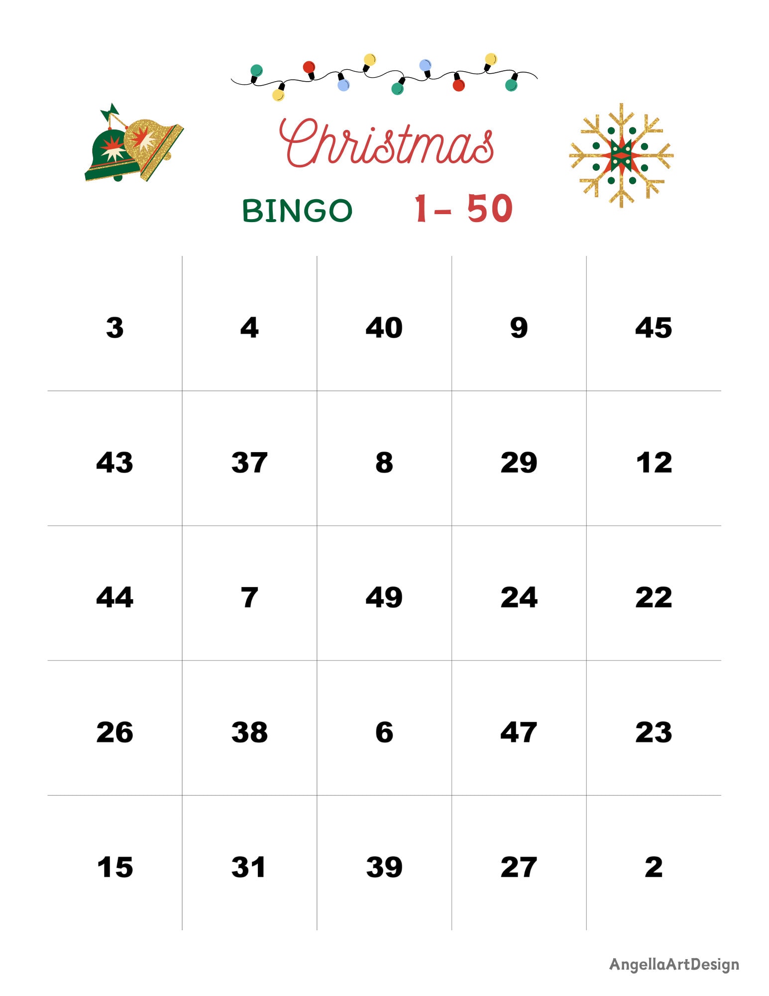 50 Cute 1-50 Christmas Bingo Cards, Printable PDF Download, Christmas ...