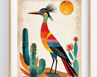 Roadrunner Cactus Minimalist Art - Boho Art - Desert Art