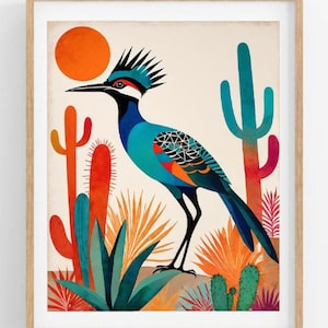 May include: A colourful illustration of a bird with a blue, green and orange patterned body standing in a desert landscape with cacti and a setting sun.