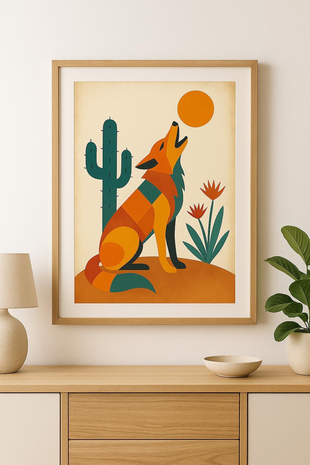 Colorful Coyote Cactus Minimalist Art - Boho Art - Desert Art