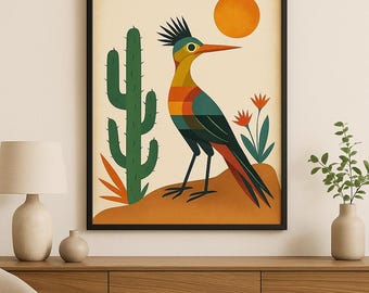 Roadrunner Cactus Minimalist Art - Boho Art - Desert Art