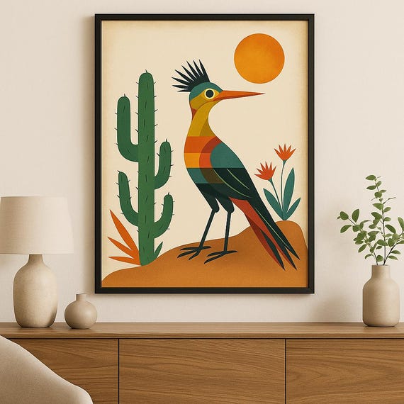 Roadrunner Cactus Minimalist Art - Boho Art - Desert Art