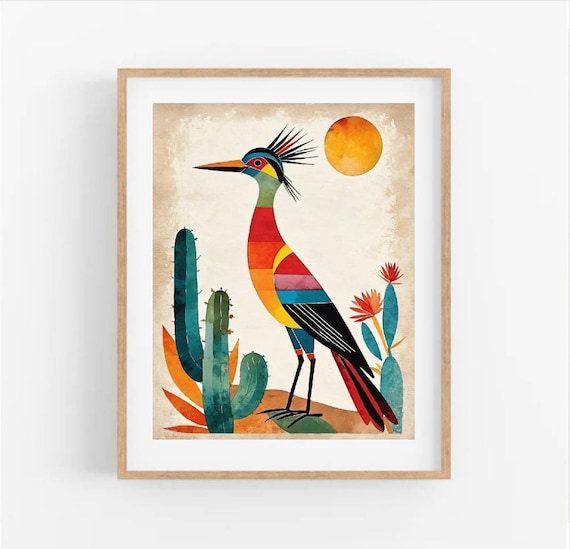 Roadrunner Cactus Minimalist Art - Boho Art - Desert Art