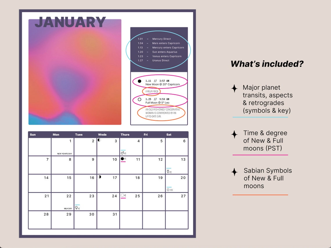 Printable 2024 Astrology Calendar 2024 Astrology Planner Lunar Phases