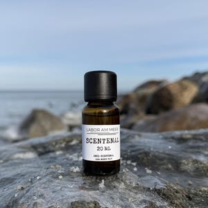 Puede incluir: Una pequeña botella de vidrio ámbar con tapa negra, etiquetada como "SCENTENAL 20 ml." La etiqueta también incluye el texto "LABOR AM MEER." La botella se encuentra sobre un fondo de rocas, el océano y un cielo azul.