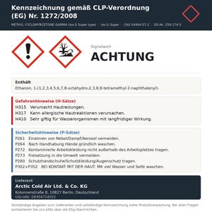 Puede incluir: Una etiqueta de informaci&oacute;n de seguridad para Methyl Cyclomyrcetone Gamma con el texto Kennzeichnung gem&auml;&szlig; CLP-Verordnung (EG) Nr. 1272/2008, s&iacute;mbolos de peligro, la palabra Achtung, declaraciones H-S&auml;tze, instrucciones P-S&auml;tze y datos del proveedor.