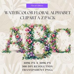 Watercolor Floral Alphabet Clipart: Flower Monogram Letters (PNG Digital Download)