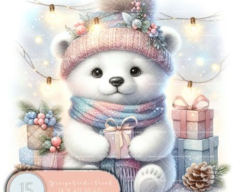 Conjunto de imágenes prediseñadas navideñas de osos polares: ilustraciones PNG de invierno en acuarela (descarga digital)