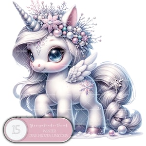 Collection de cliparts licorne rose au pays des merveilles d'hiver - voyage magique 15 motifs de glace enchantés pour des créations par sublimation - usage commercial
