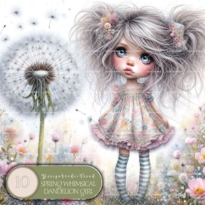 Clipart de menina dente-de-leão caprichoso de primavera – 10 designs PNG florais para sublimação e artesanato DIY – Download digital - Não transparente