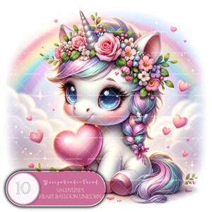 Clipart di unicorno con palloncino a forma di cuore per San Valentino – 10 incantevoli illustrazioni di unicorni per bambini in colori pastello per creazioni ispirate all’amore – Non trasparente