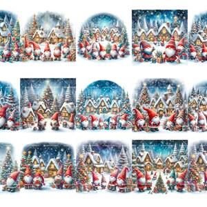 Puede incluir: Una ilustraci&oacute;n digital de una escena de pueblo de invierno con casas cubiertas de nieve, &aacute;rboles de Navidad y gnomos. Los gnomos llevan gorros rojos y barbas blancas, y sostienen regalos y linternas. La escena se desarrolla en un cielo azul con estrellas.