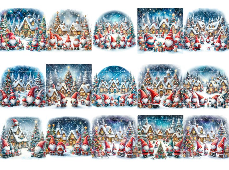 Puede incluir: Una ilustraci&oacute;n digital de una escena de pueblo de invierno con casas cubiertas de nieve, &aacute;rboles de Navidad y gnomos. Los gnomos llevan gorros rojos y barbas blancas, y sostienen regalos y linternas. La escena se desarrolla en un cielo azul con estrellas.