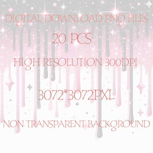 May include: A digital download of 20 pink and silver glitter drip PNG files. The files are high resolution, 300 DPI, and 3072 x 3072 pixels. The background is non-transparent.