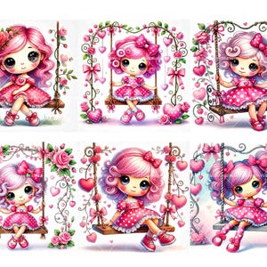 Valentine's Swing Doll Clipart: Whimsical PNG Designs (Digital Download) image 2