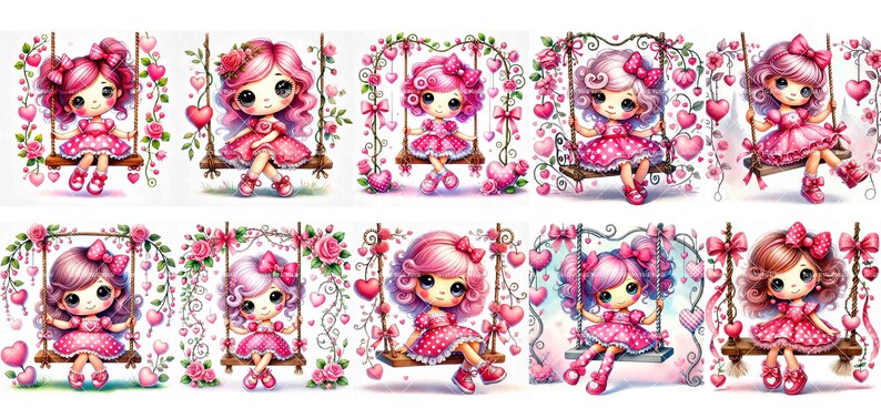 Valentine's Swing Doll Clipart: Whimsical PNG Designs (Digital Download) image 2